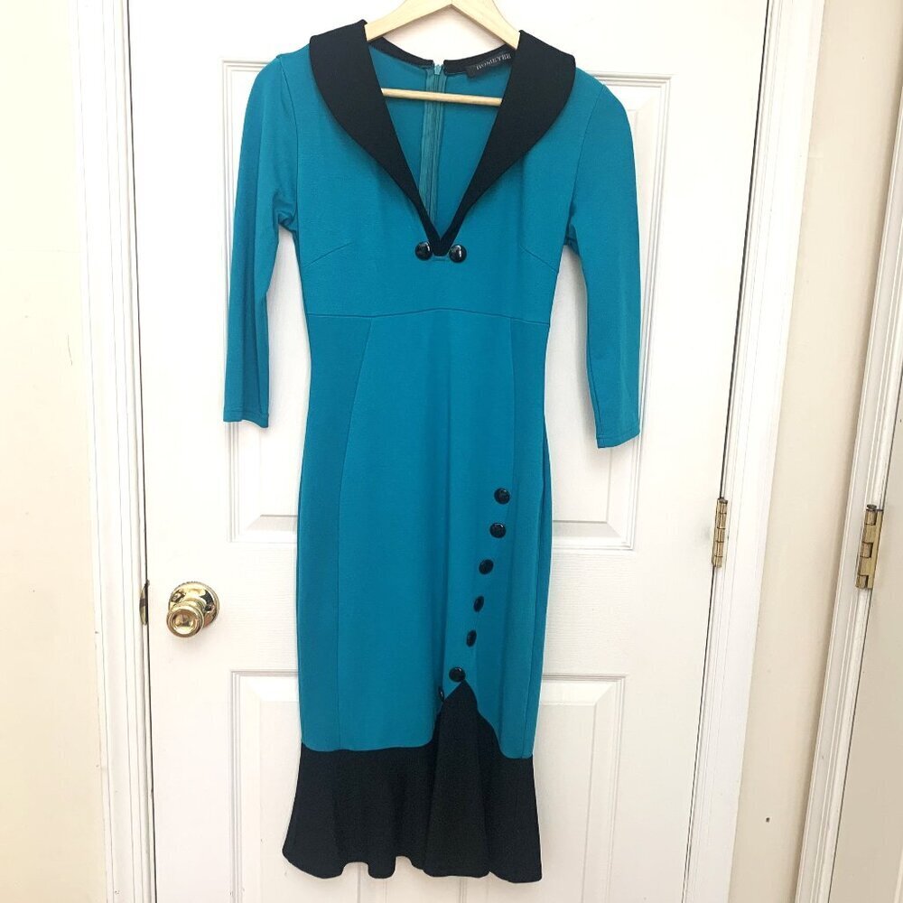 Teal Midi Dress with Black Trim - Women's